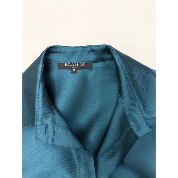Ecaille Paris Teal 3/4 Sleeve Tie Waist Taffeta Midi A-Line Shirt Dress Size 6 - Picture 5 of 7